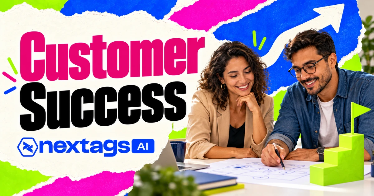 Customer Success com composição editorial e marca Nextags