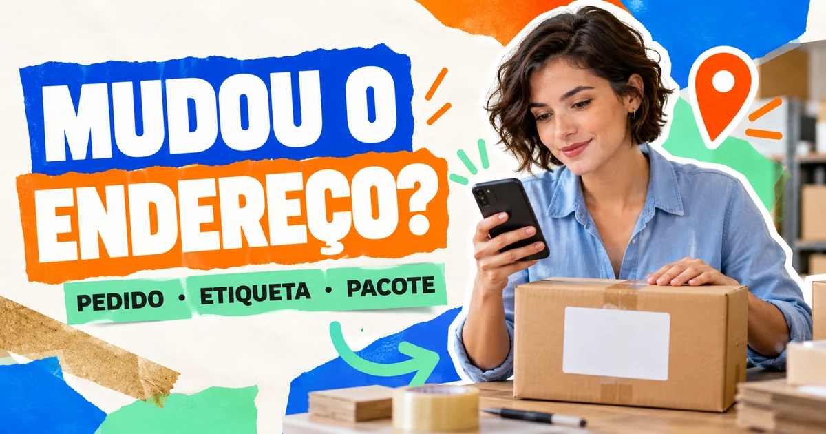 Cliente pediu para mudar o endereço de entrega: o que conferir Mulher com celular ao lado de uma caixa e do título Mudou o endereço, em colagem azul, laranja e verde.