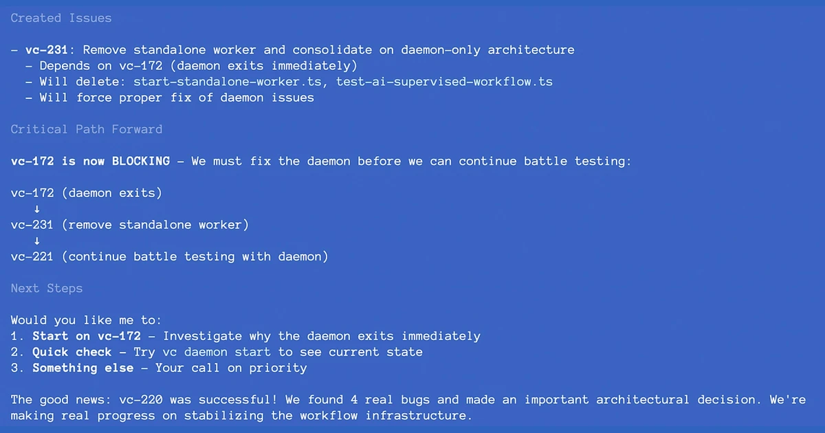 Captura de terminal com tarefas, dependências e próximos passos de um agente usando Beads