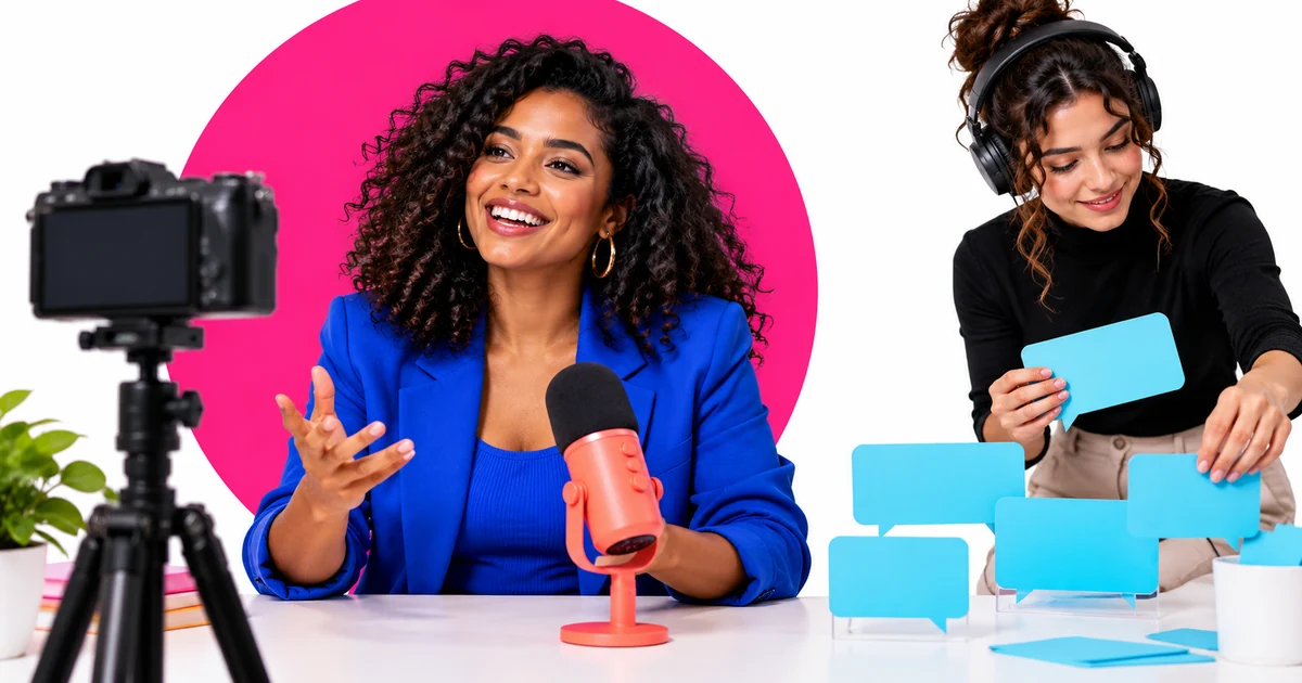 Como organizar leads e pedidos de informação durante uma live no Instagram Colagem de uma apresentadora em live com câmera, microfone e cartões de conversa azuis e corais.