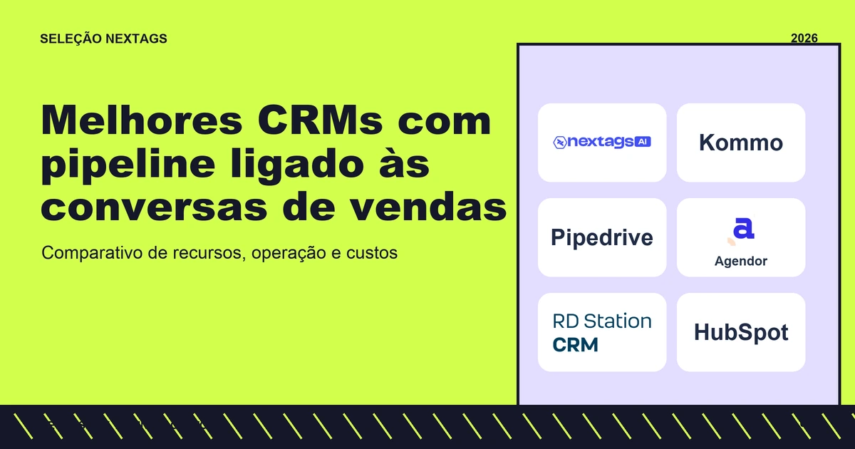 Melhores CRMs com pipeline ligado às conversas de vendas Composição Neo brutal sobre Melhores CRMs com pipeline ligado às conversas de vendas, com nomes de plataformas e elementos geométricos.