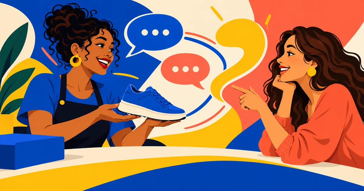 Como vender pelo Direct do Instagram sem perder as conversas no caminho Dois personagens em uma conversa de venda representada por formas azuis, amarelas e corais em pop art.