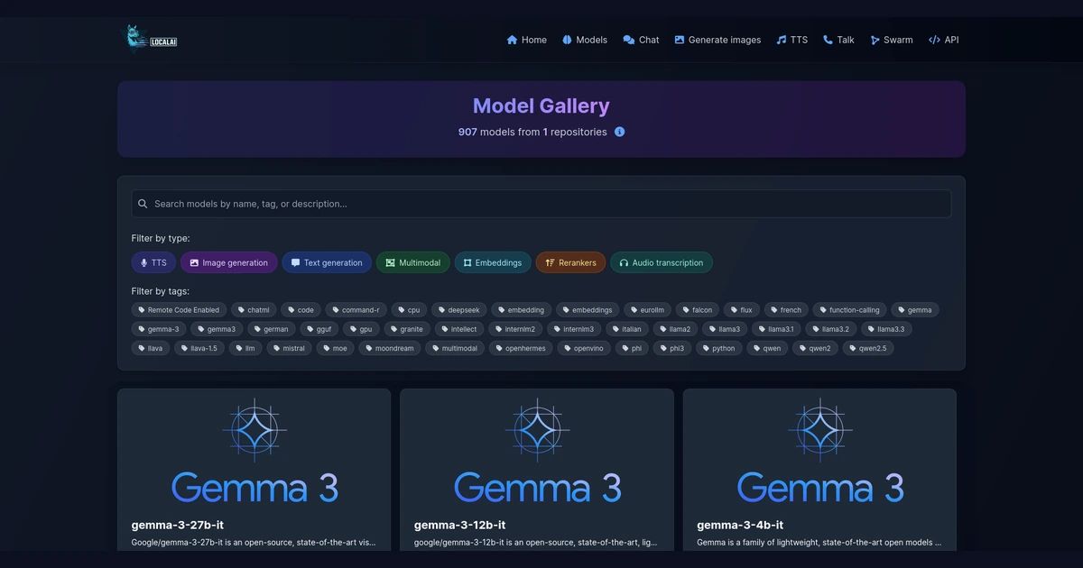 Galeria LocalAI com campo de busca, filtros e cartões de modelos Gemma 3