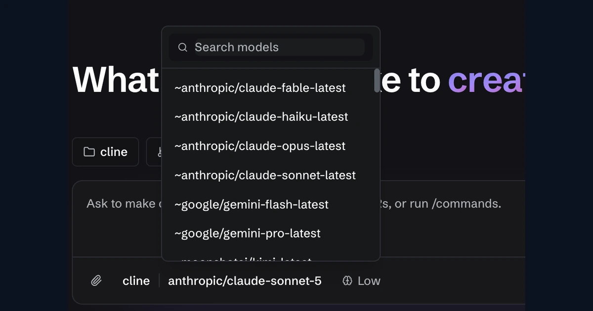 Menu de modelos aberto na interface do Cline, com opções de provedores e campo de busca