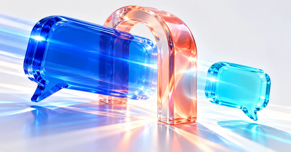 Resposta automática no Direct: o que dá para fazer no Instagram e no Meta Business Suite Balões de conversa em acrílico azul e coral atravessando um arco translúcido com reflexos coloridos.