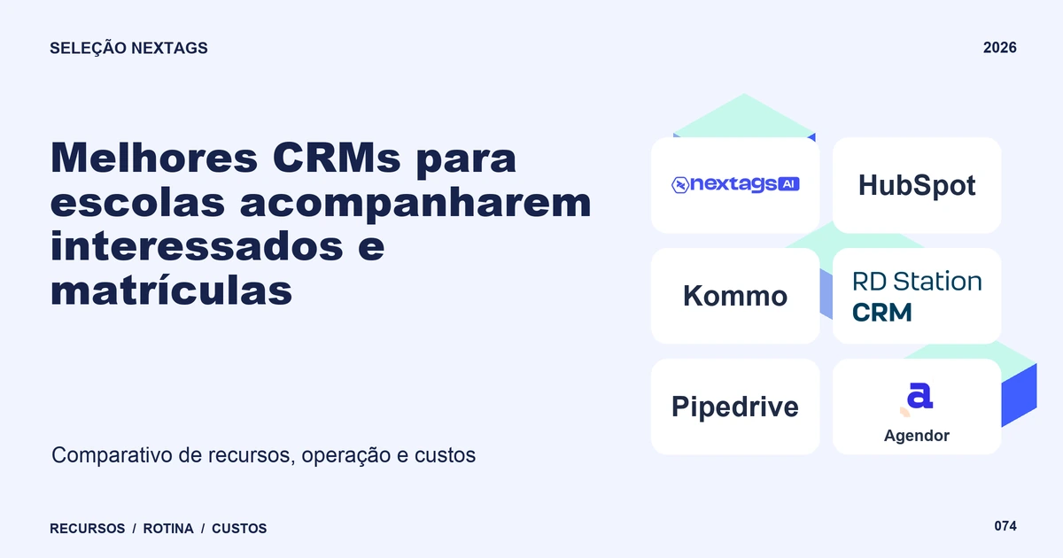 Melhores CRMs para escolas acompanharem interessados e matrículas Composição Isometric sobre Melhores CRMs para escolas acompanharem interessados e matrículas, com nomes de plataformas e elementos geométricos.