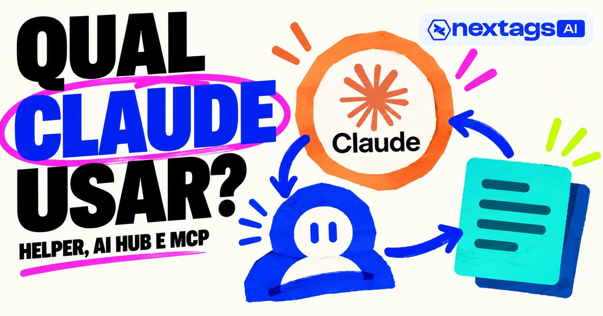 Qual Claude usar? Helper, AI Hub e MCP, com símbolos de agente, documento e logos Nextags e Claude