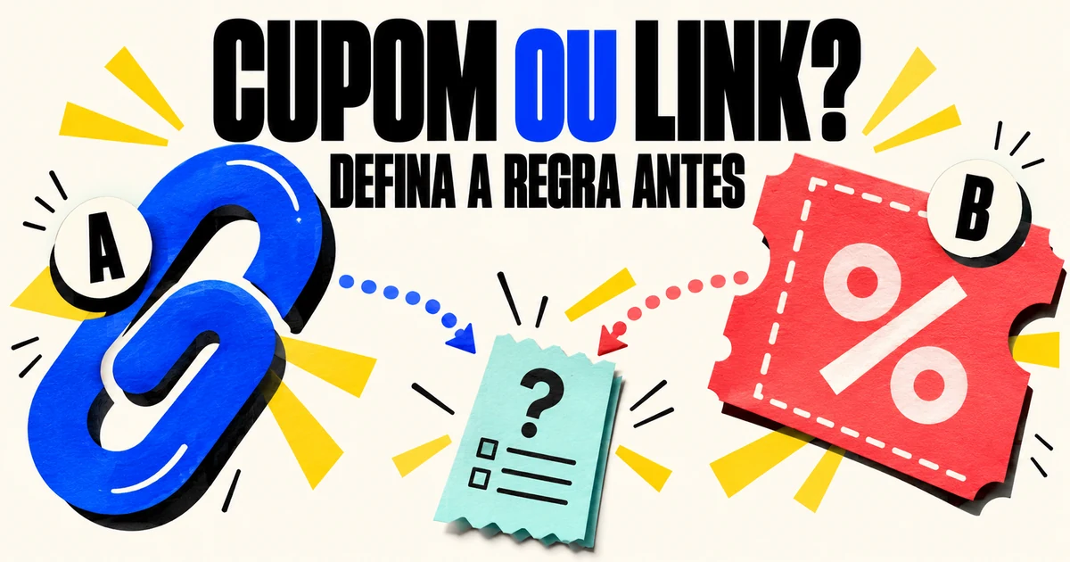 Cupom e link de afiliado: regras para conflitos de atribuição Link azul e cupom coral identificados como parceiros A e B convergem para uma ficha de decisão