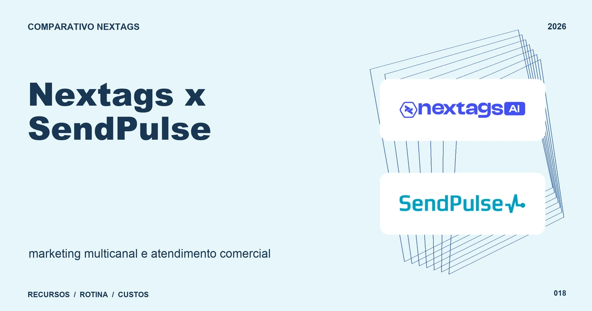 Nextags x SendPulse: marketing multicanal e atendimento comercial Composição Wireframe sobre Nextags x SendPulse, com nomes de plataformas e elementos geométricos.