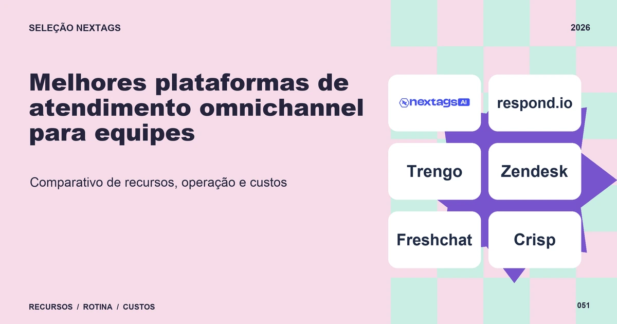 Composição Pastel check sobre Melhores plataformas de atendimento omnichannel para equipes, com nomes de plataformas e elementos geométricos.