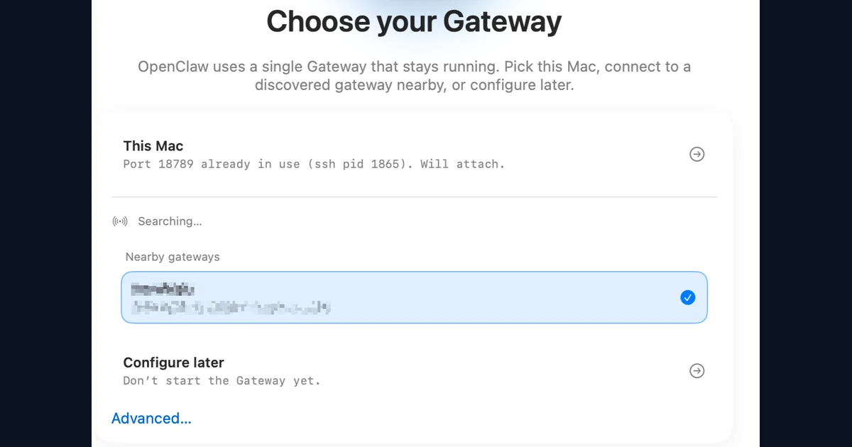 Tela Choose your Gateway do OpenClaw com opções This Mac, Gateway próximo e Configure later