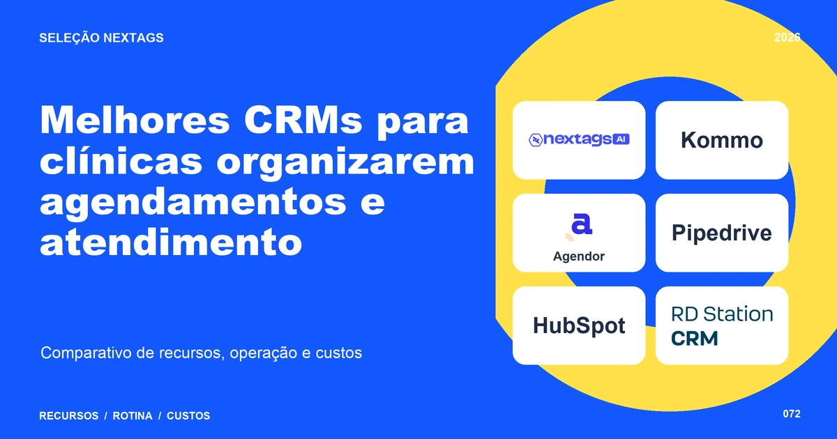 Composição Duotone sobre Melhores CRMs para clínicas organizarem agendamentos e atendimento, com nomes de plataformas e elementos geométricos.
