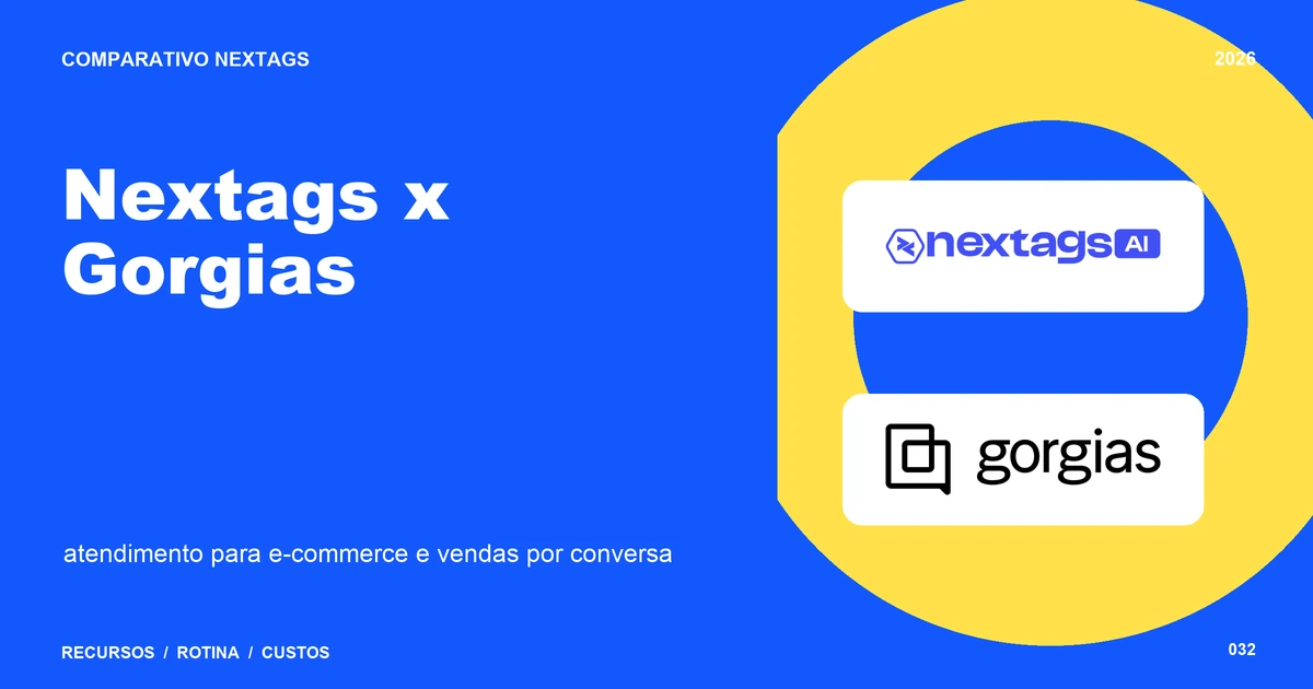 Composição Duotone sobre Nextags x Gorgias, com nomes de plataformas e elementos geométricos.