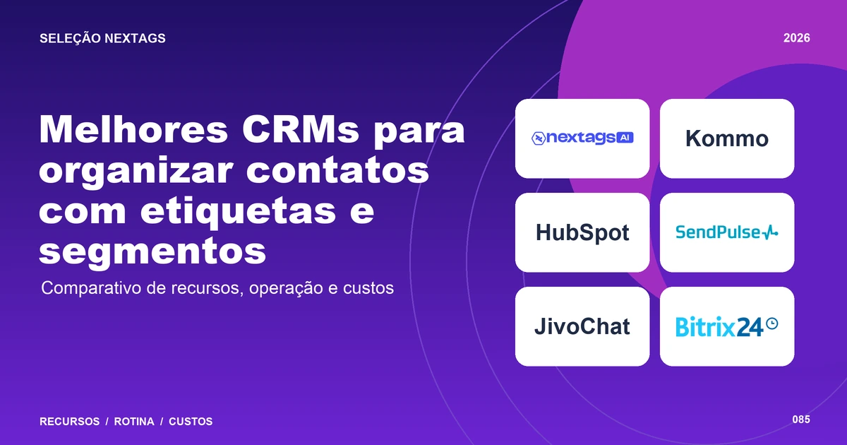 Melhores CRMs para organizar contatos com etiquetas e segmentos Composição Gradient glass sobre Melhores CRMs para organizar contatos com etiquetas e segmentos, com nomes de plataformas e elementos geométricos.