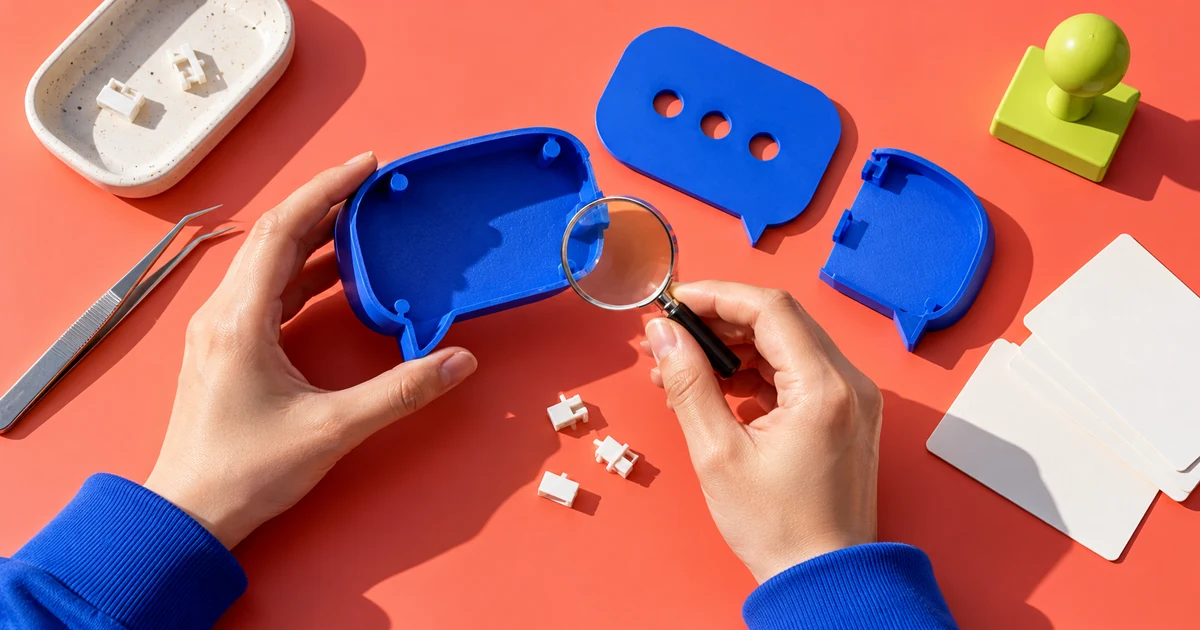 Como testar um chatbot antes de colocá-lo em produção Mãos verificando peças de um balão de conversa azul com ferramentas de teste sobre uma mesa coral.
