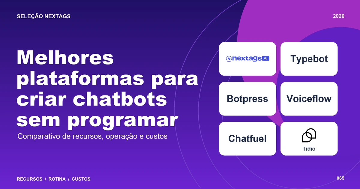 Melhores plataformas para criar chatbots sem programar Composição Gradient glass sobre Melhores plataformas para criar chatbots sem programar, com nomes de plataformas e elementos geométricos.