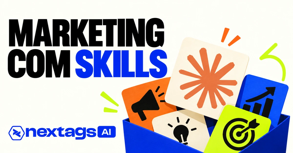 MARKETING COM SKILLS, com os logos do Claude e da Nextags