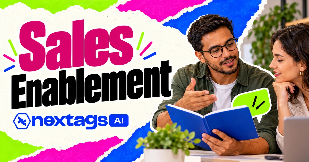 Sales Enablement com composição editorial e marca Nextags
