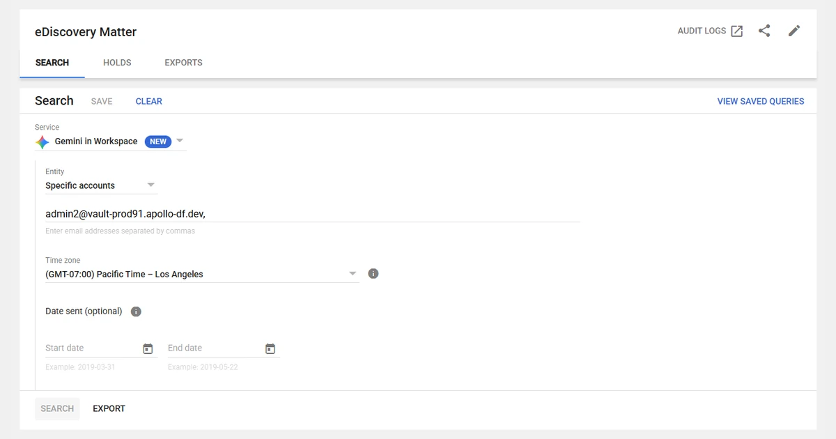 Google Vault com Gemini in Workspace selecionado e filtros de contas, fuso horário e datas