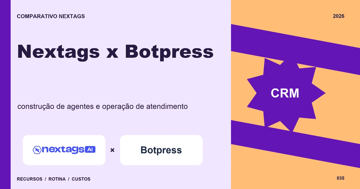 Nextags x Botpress: construção de agentes e operação de atendimento Composição Ribbon sobre Nextags x Botpress, com nomes de plataformas e elementos geométricos.
