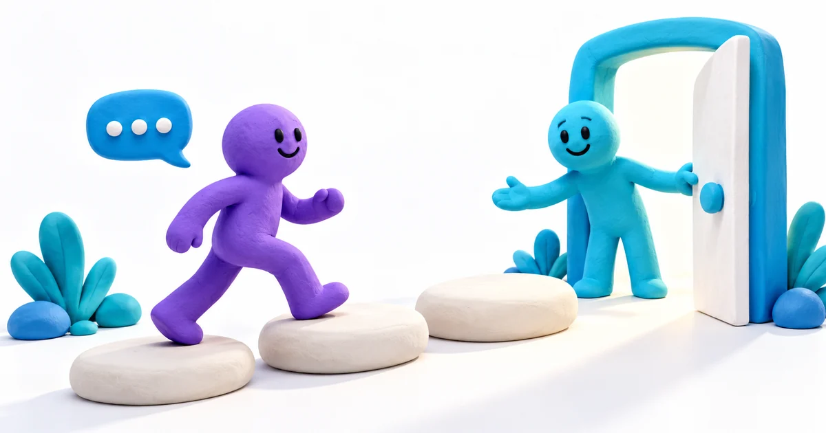 Personagens de massinha azul e violeta percorrem pedras brancas em direção a uma porta aberta.