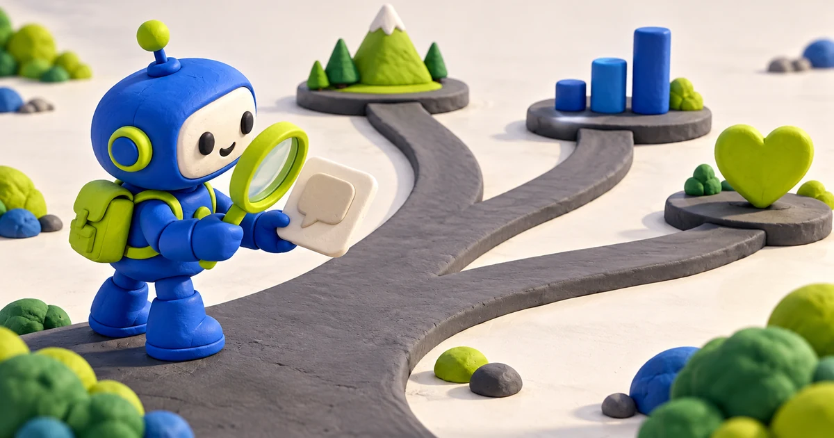 Como escolher um chatbot para Instagram: critérios, limites e custos Robô azul de massinha usando uma lupa diante de três caminhos e cartões de conversa.