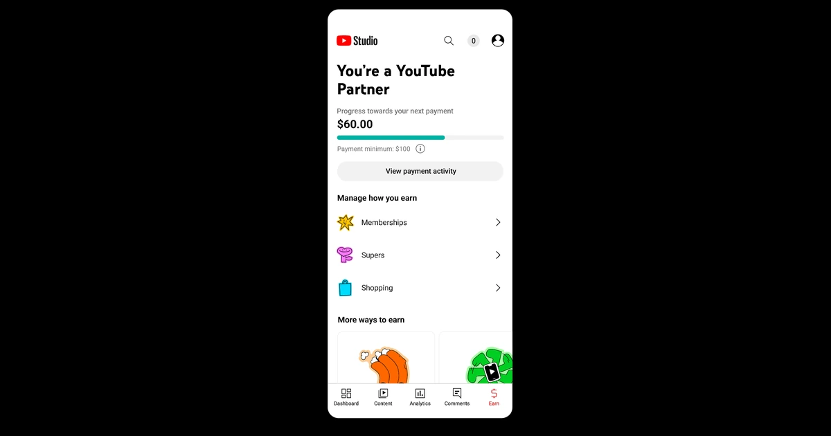 YouTube testa pagamento a partir de US$ 20 em três países Painel do YouTube Studio com progresso até o limite padrão de pagamento de US$ 100.