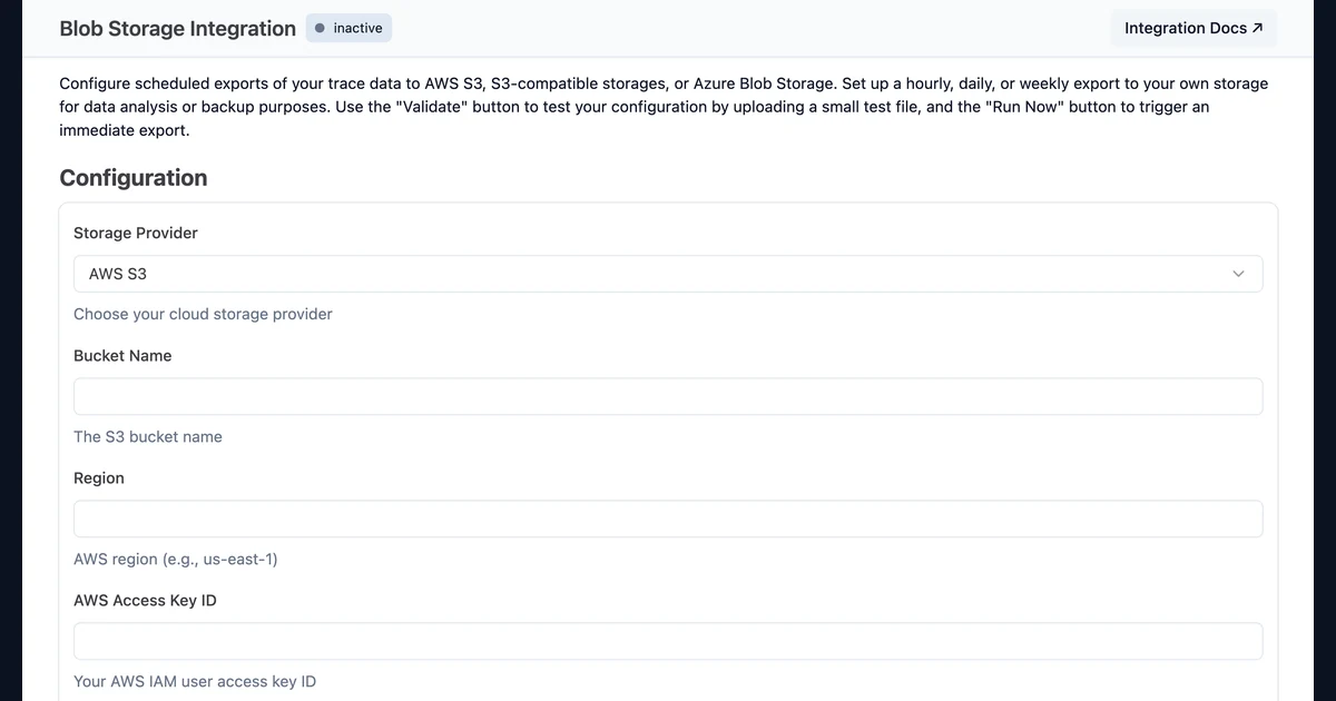 Painel do Langfuse para configurar exportação de dados ao Amazon S3, com campos de conexão vazios