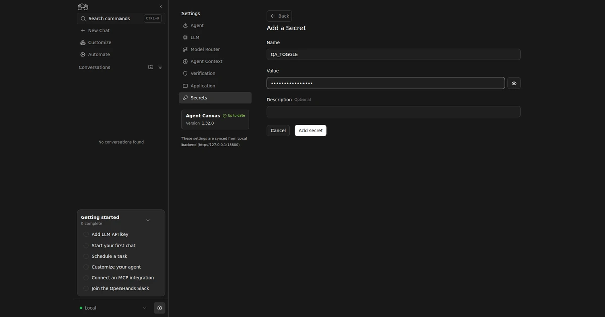 OpenHands Agent Canvas com formulário Add a Secret e caracteres ocultos no campo Value