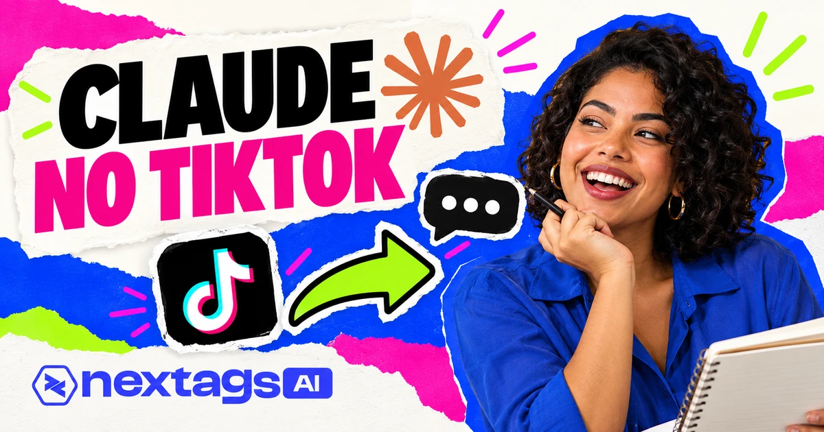CLAUDE NO TIKTOK, com os logos do Claude e da Nextags e do TikTok
