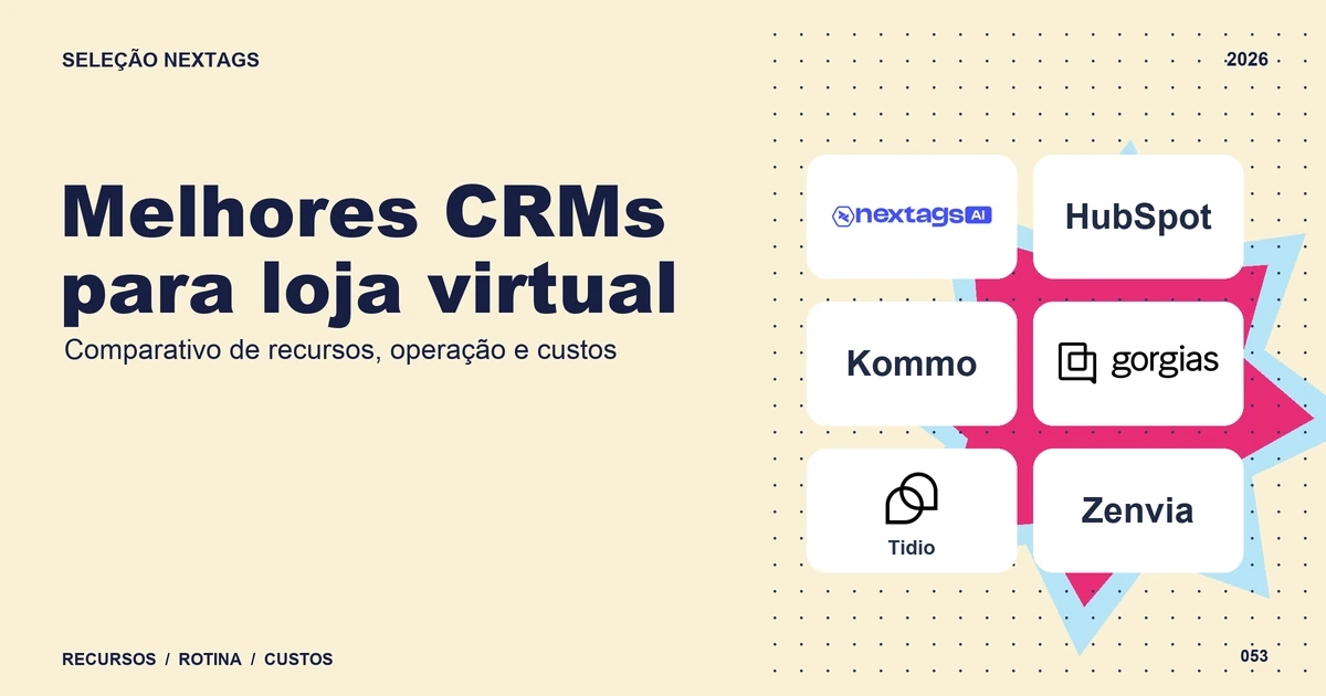 Melhores CRMs para loja virtual: vendas e atendimento conectados Composição Comic shapes sobre Melhores CRMs para loja virtual, com nomes de plataformas e elementos geométricos.