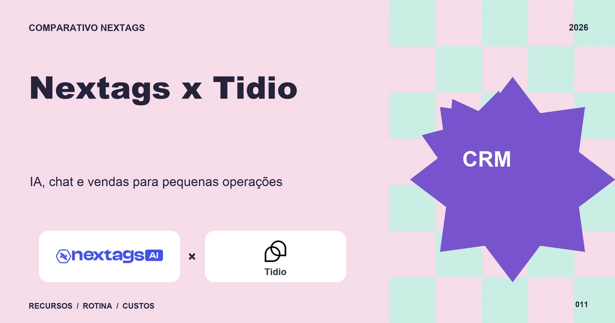 Nextags x Tidio: IA, chat e vendas para pequenas operações Composição Pastel check sobre Nextags x Tidio, com nomes de plataformas e elementos geométricos.