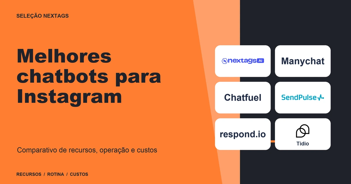 Composição Orange type sobre Melhores chatbots para Instagram, com nomes de plataformas e elementos geométricos.