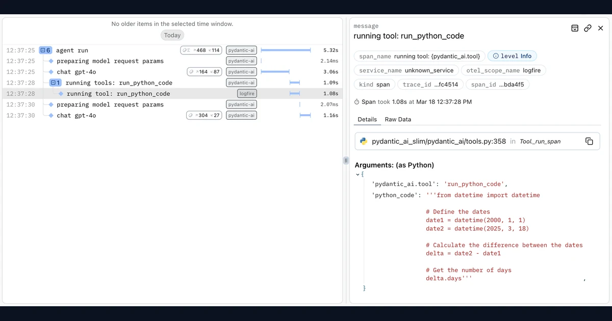 Logfire com o registro de execução de uma ferramenta Python de agente Pydantic AI