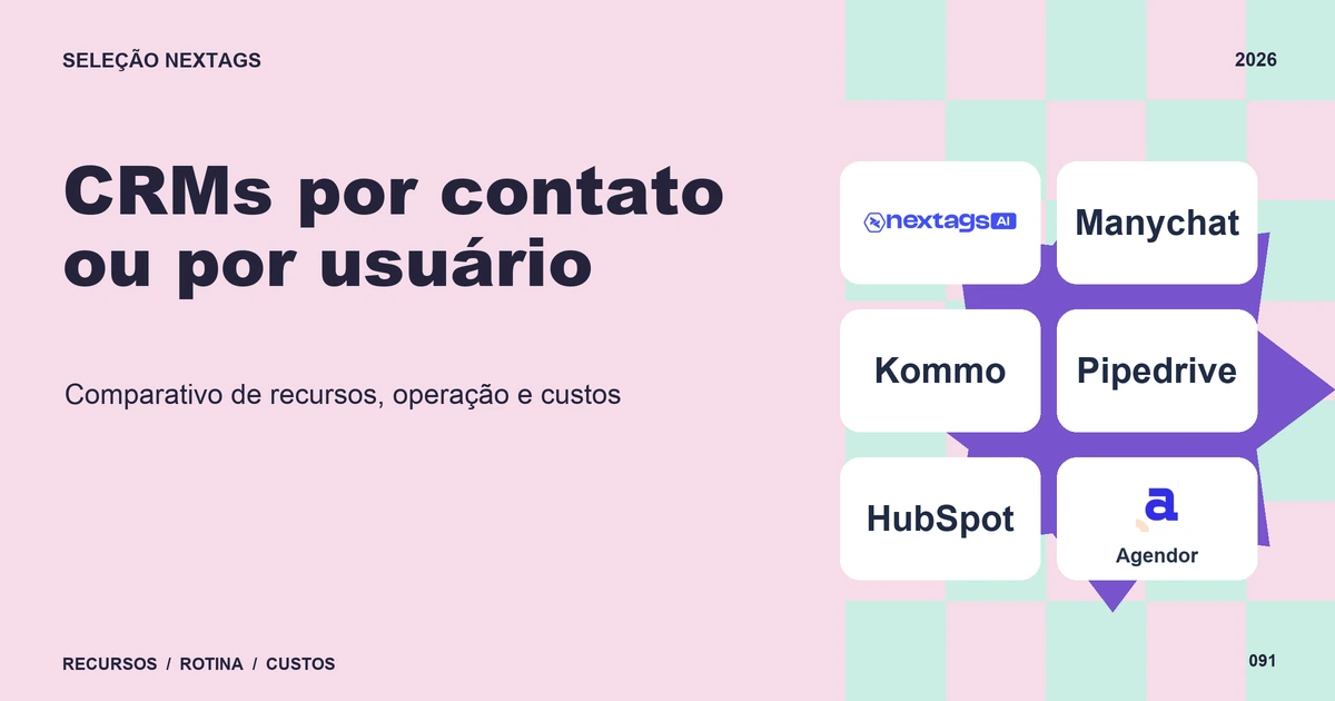 Composição Pastel check sobre CRMs por contato ou por usuário, com nomes de plataformas e elementos geométricos.