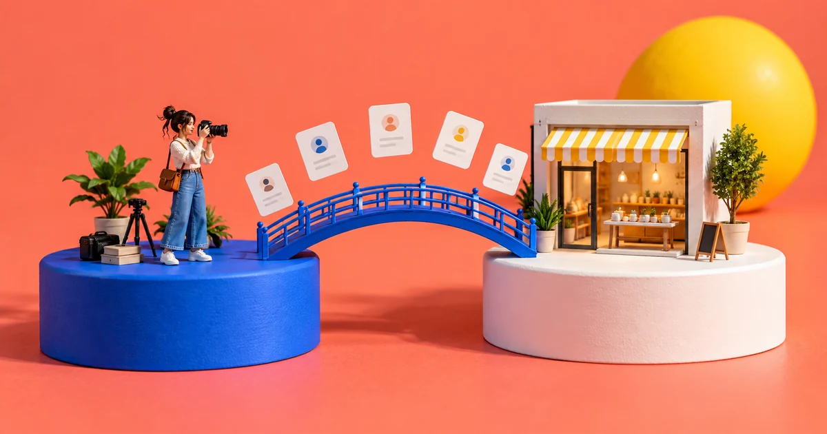 Conta profissional no Instagram: como mudar e escolher entre empresa e criador Miniaturas de uma criadora e de uma pequena loja em plataformas azuis conectadas por cartões de perfil sem texto.