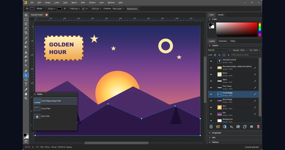 Editor Patchy com caminhos vetoriais selecionados, painel de camadas e controles de cor.