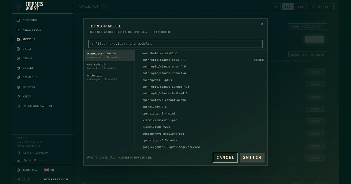Captura do painel Hermes Agent com seletor de provedores e modelos aberto