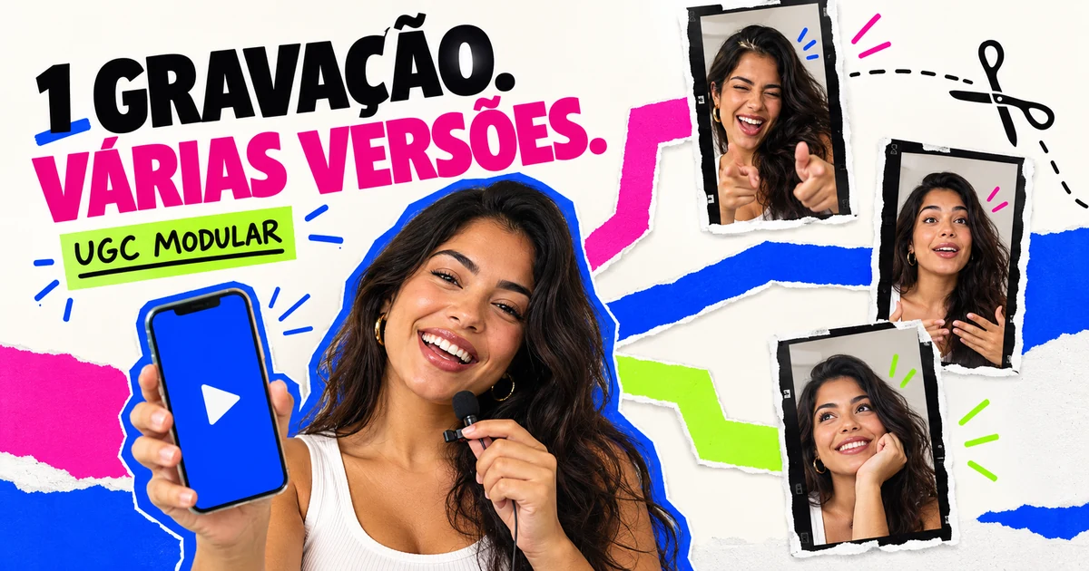 Criadora com celular e microfone em uma colagem de diferentes cenas de vídeo UGC