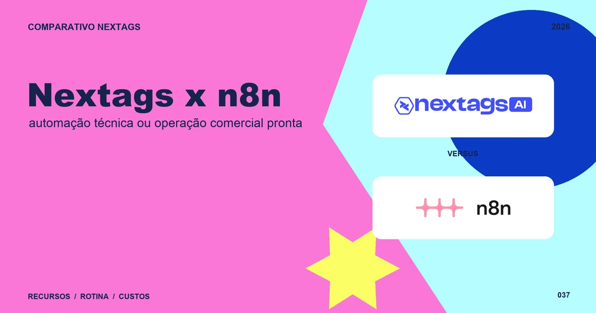 Nextags x n8n: automação técnica ou operação comercial pronta Composição Pop colors sobre Nextags x n8n, com nomes de plataformas e elementos geométricos.