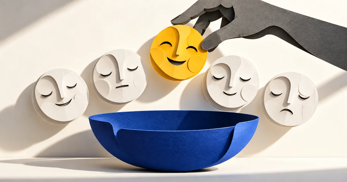 Rostos de papel colorido em arco sobre um balão de conversa azul, com um rosto sorridente em destaque.