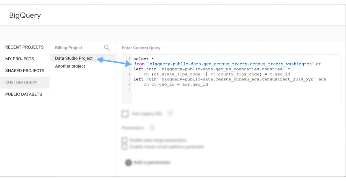 Conector BigQuery com projeto de faturamento e consulta SQL personalizada